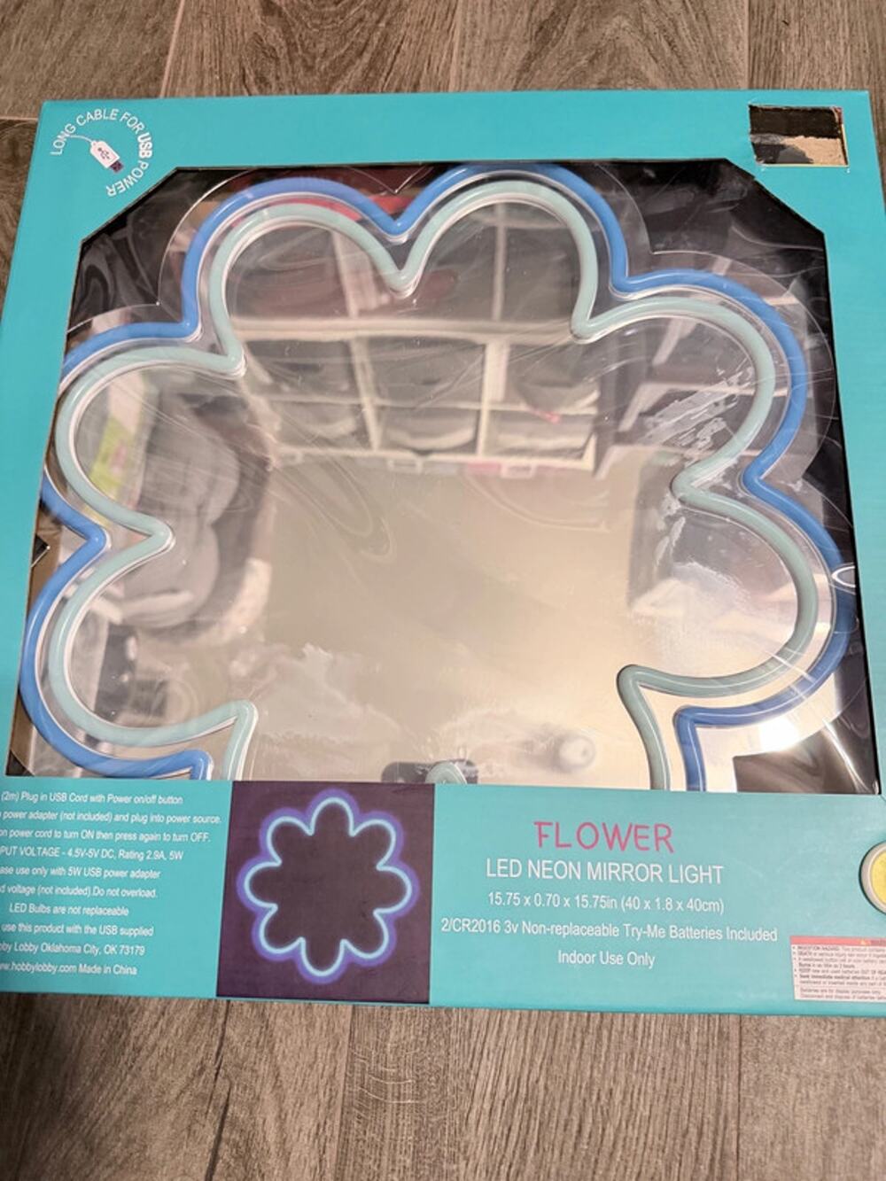 Flower LED Neon Mirror Sign Light Blue Groovy Y2K Aesthetic Kids Room Decor NEW